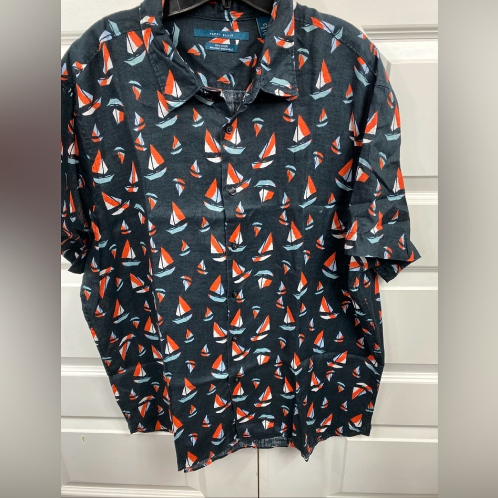 Perry Ellis 100% Linen Button Up Shirt All Over Print Sail Boats Nautical XXL - Picture 1 of 7